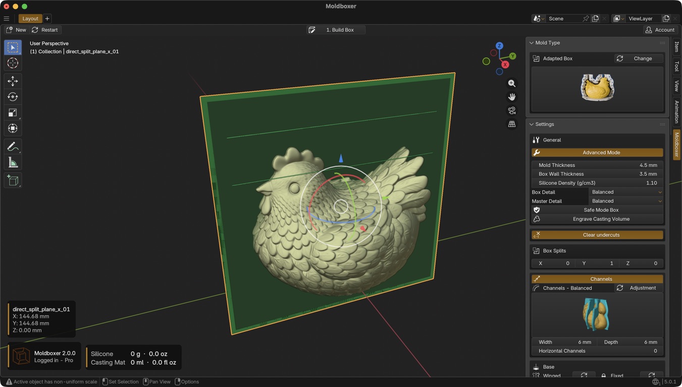 Moldboxer workspace with a chicken model loaded and the right-hand settings sidebar highlighted.