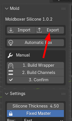 Panel Moldboxer z podświetlonym przyciskiem Export.