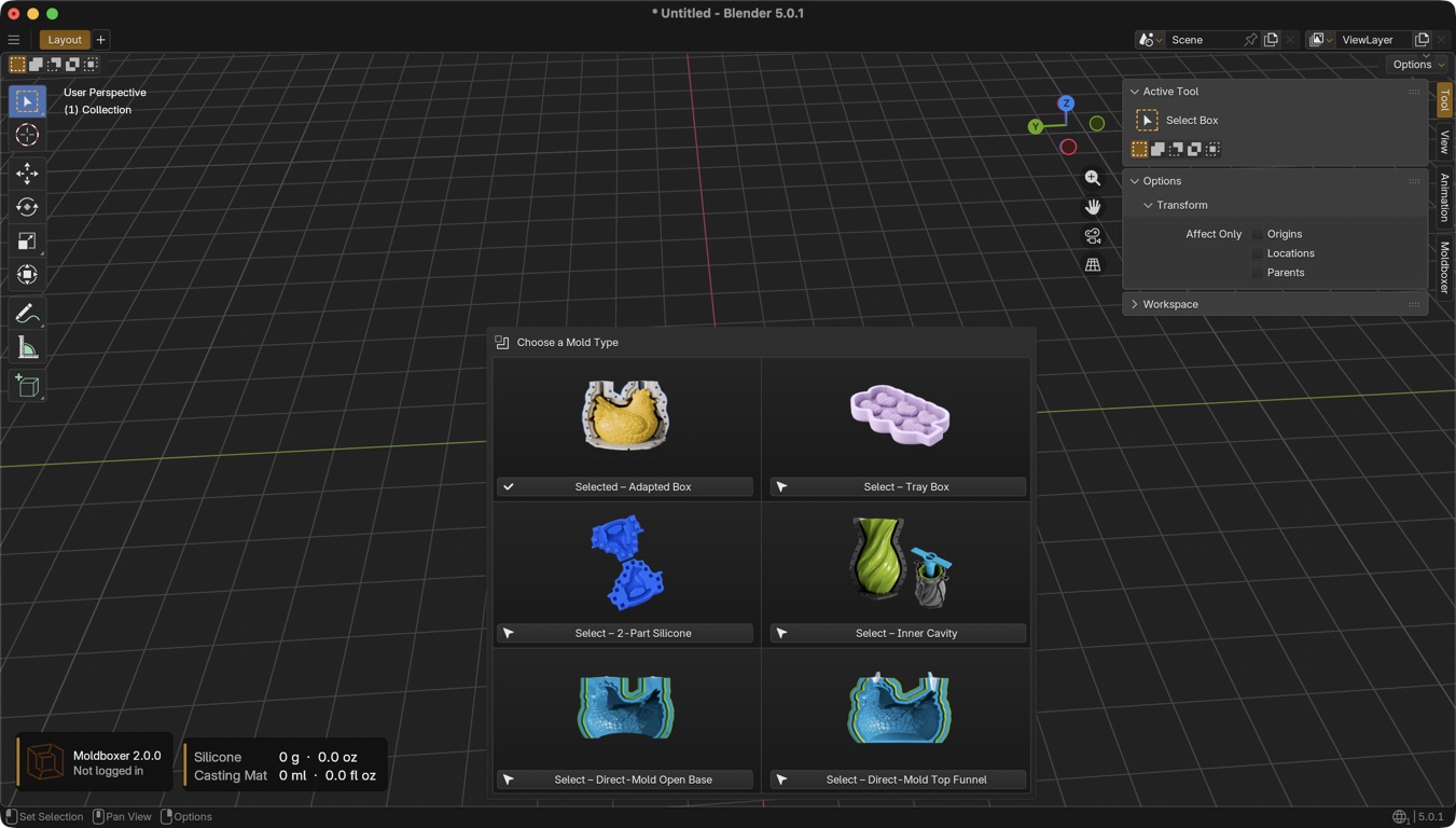 Moldboxer New menu showing six mold system choices before a model is imported.