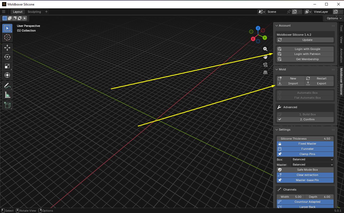 Ekran startowy Moldboxer z widocznymi przyciskami logowania i importu.
