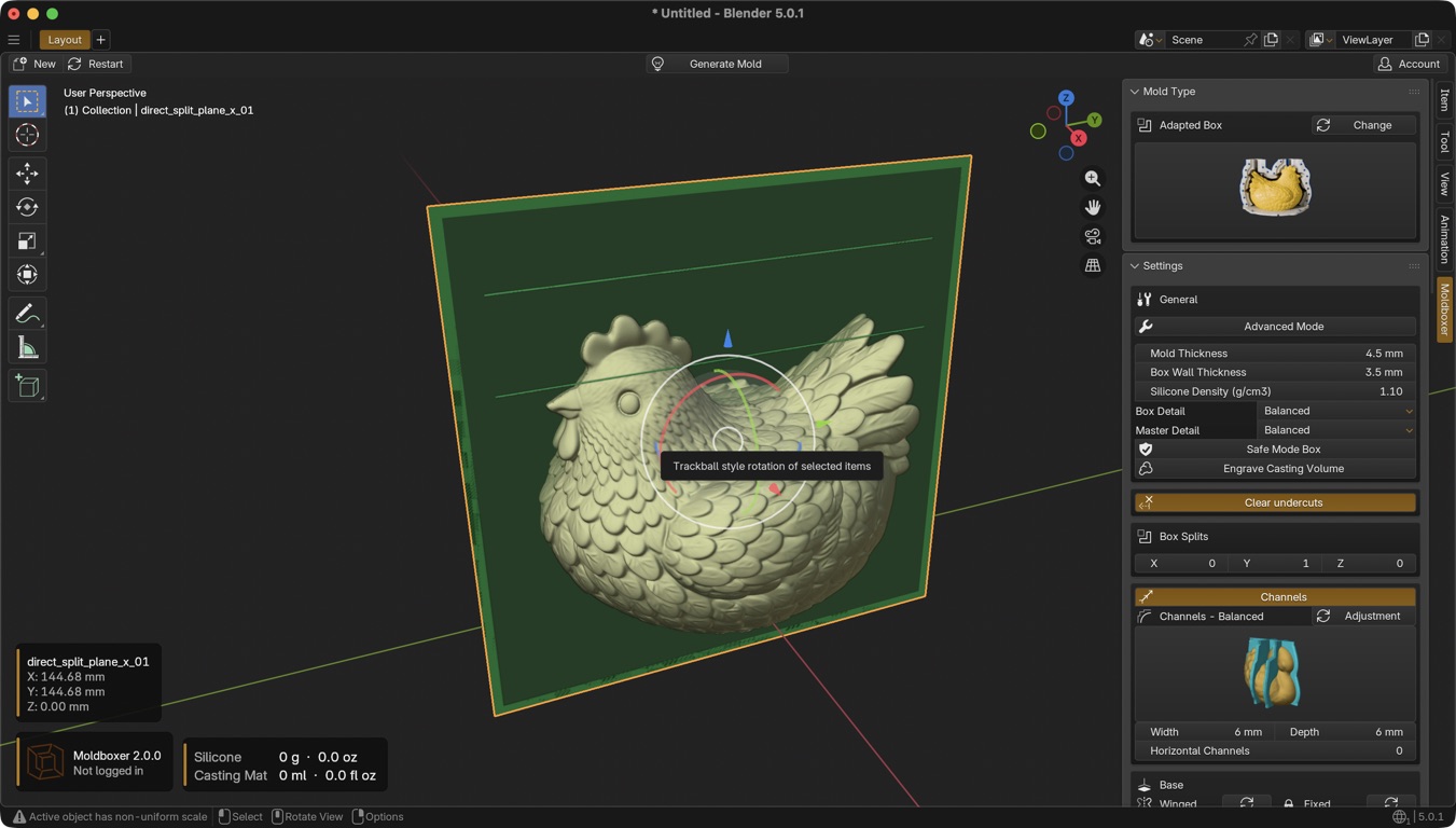 Moldboxer workspace with a chicken model loaded, the Generate Mold action in the header, and mold settings in the right sidebar.